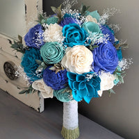 Royal Blue, Aqua, Blue Teal, and Ivory Bouquet with Baby's Breath and Greenery