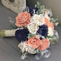 Peach, Navy, and Ivory Bouquet with Baby's Breath and Greenery