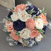 Peach, Navy, and Ivory Bouquet with Baby's Breath and Greenery