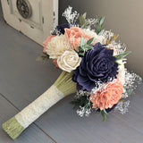 Peach, Navy, and Ivory Bouquet with Baby's Breath and Greenery