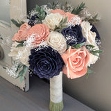 Peach, Navy, and Ivory Bouquet with Baby's Breath and Greenery