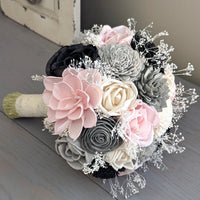 Black, Light Gray, Charcoal, Blush, and Ivory Bouquet with Baby's Breath