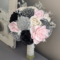 Black, Light Gray, Charcoal, Blush, and Ivory Bouquet with Baby's Breath