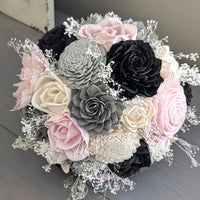 Black, Light Gray, Charcoal, Blush, and Ivory Bouquet with Baby's Breath