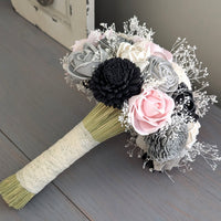 Black, Light Gray, Charcoal, Blush, and Ivory Bouquet with Baby's Breath