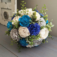 Royal Blue, Blue Teal, Light Gray, and Ivory Bouquet with Mixed Greenery