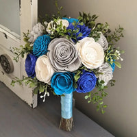 Royal Blue, Blue Teal, Light Gray, and Ivory Bouquet with Mixed Greenery