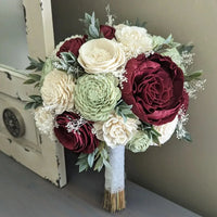 Burgundy, Sage, and Ivory Bouquet with Baby's Breath and Greenery
