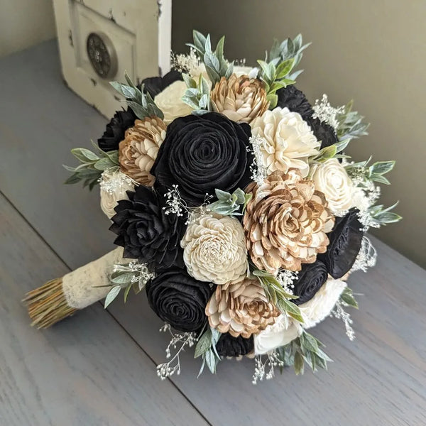 Black, Natural, and Ivory Bouquet with Baby's Breath and Greenery