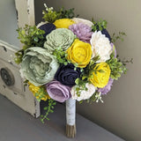 Lilac, Yellow, Sage, Navy, and Ivory Bouquet with Mixed Greenery