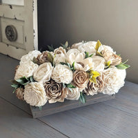 Ivory and Natural Flowers with Ruscus Greenery - Gray Centerpiece Flower Box