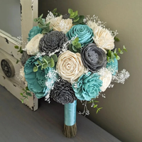 Aqua, Charcoal, and Ivory Bouquet with Baby's Breath and Spiral Eucalyptus