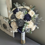 Navy, Charcoal, and Ivory Bouquet with Baby's Breath and Greenery
