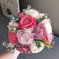 Pink, Blush, Pinkish Mauve, and Ivory Bouquet with Baby's Breath and Greenery