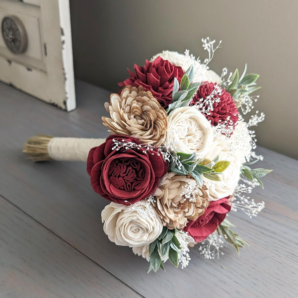 Wine, Natural, and Ivory Bouquet with Baby's Breath and Greenery