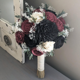 Burgundy and Black with Ivory Accents Bouquet with Baby's Breath and Greenery