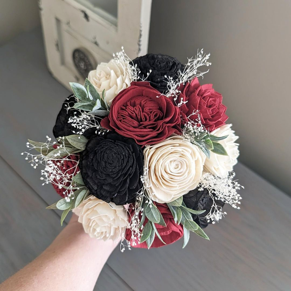 Wine, Black, and Ivory Bouquet with Baby's Breath and Greenery