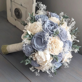 Dusty Blue and Ivory Bouquet with Baby's Breath and Greenery