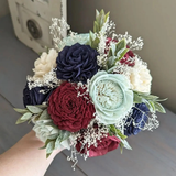 Navy, Burgundy, Light Blue, and Ivory Bouquet with Baby's Breath and Greenery