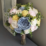 Dusty Blue, Light Yellow, Blush, and Ivory Bouquet with Mixed Greenery