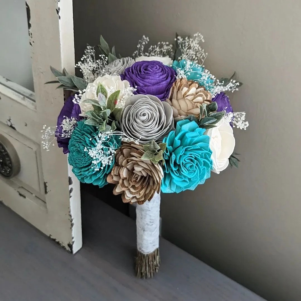 Purple, Light Gray, Turquoise, Natural, and Ivory Bouquet with Baby's Breath and Greenery