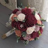 Burgundy with Rose Quartz, Ivory, and Rose Gold Accents Sola Wood Flower Bouquet with Baby's Breath and Greenery - Bridal Bridesmaid Toss