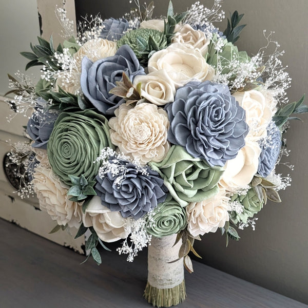 Dusty Blue, Sage, and Ivory Bouquet with Baby's Breath and Greenery