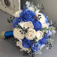 Royal Blue and Ivory Bouquet with Berries, Baby's Breath, and Greenery