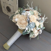 Ready to Ship - Glitter Blue and Ivory Bouquet with Mixed Greenery