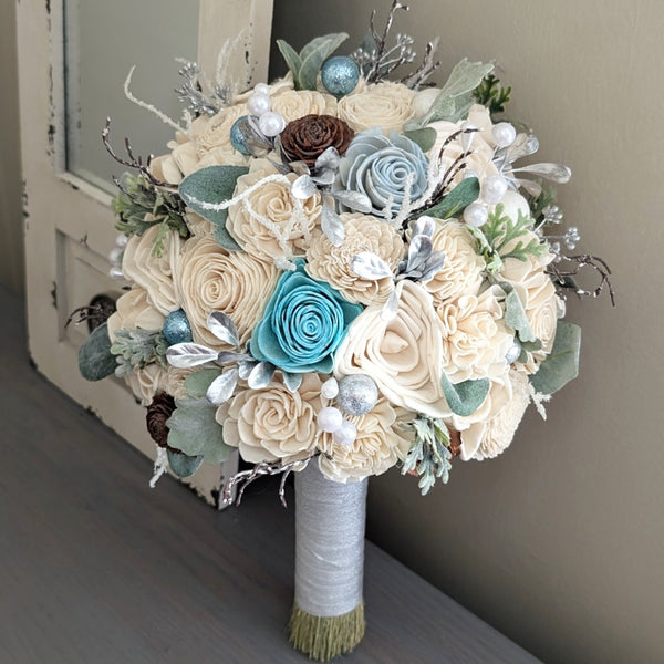 Ready to Ship - Glitter Blue and Ivory Bouquet with Mixed Greenery