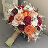 Burgundy, Wine, Terra Cotta, Rose Gold, and Ivory Bouquet with Baby's Breath and Greenery