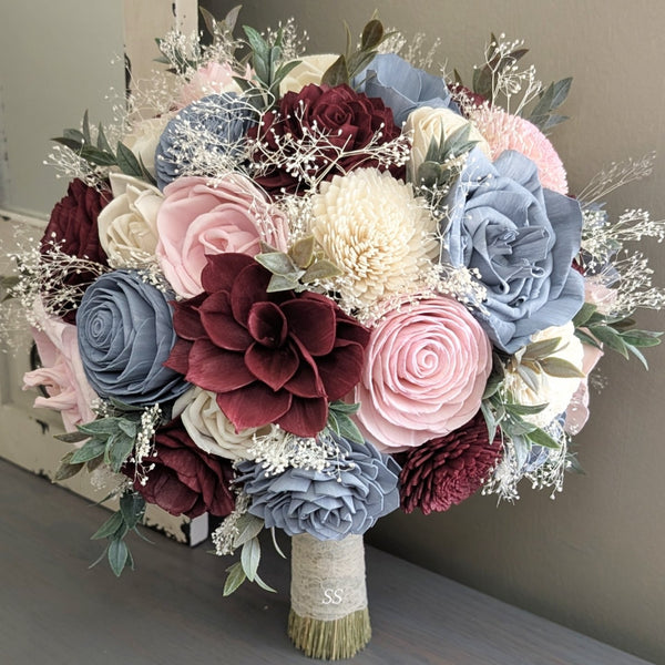 Dusty Blue, Burgundy, Blush, and Ivory Bouquet with Baby's Breath and Greenery