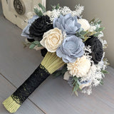 Dusty Blue, Black, and Ivory Bouquet with Baby's Breath and Greenery
