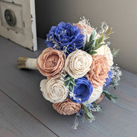Royal Blue, Rose Gold, and Ivory Bouquet with Baby's Breath and Greenery