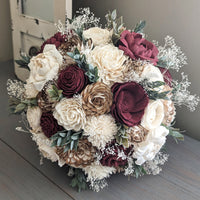 Burgundy, Natural, and Ivory Bouquet with Baby's Breath and Greenery