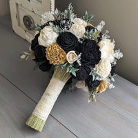 Black and Ivory with Dark Gold Accents Bouquet with Baby's Breath and Greenery