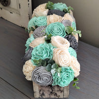 Ready to Ship - Whitewash Electric Current Burned Centerpiece Box with Mint, Charcoal, Light Gray, and Ivory Flowers with Spiral Eucalyptus