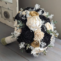 Black and Ivory with Dark Gold Accents Bouquet with Baby's Breath and Greenery