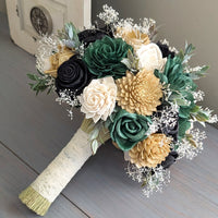 Black, Dark Green, Dark Gold, and Ivory Bouquet with Baby's Breath and Greenery