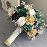 Black, Dark Green, Dark Gold, and Ivory Bouquet with Baby's Breath and Greenery