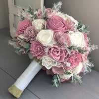 Pinkish Mauve, Dusty Rose, and Ivory Bouquet with Baby's Breath and Greenery