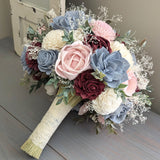 Dusty Blue, Burgundy, Blush, and Ivory Bouquet with Baby's Breath and Greenery