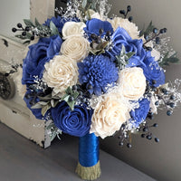 Royal Blue and Ivory Bouquet with Berries, Baby's Breath, and Greenery