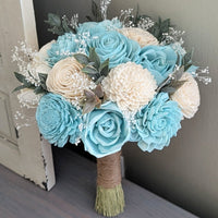 Light Blue and Ivory Bouquet with Baby's Breath and Greenery