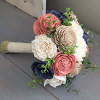 Navy, Dark Coral, Nude, and Ivory Bouquet with Greenery