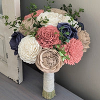 Navy, Dark Coral, Nude, and Ivory Bouquet with Greenery