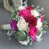 Magenta, Olive, Wine, Fuschia, and Ivory Bouquet with Baby's Breath and Greenery