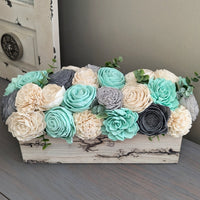 Ready to Ship - Whitewash Electric Current Burned Centerpiece Box with Mint, Charcoal, Light Gray, and Ivory Flowers with Spiral Eucalyptus