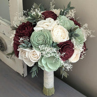 Burgundy, Sage, and Ivory Bouquet with Baby's Breath and Greenery