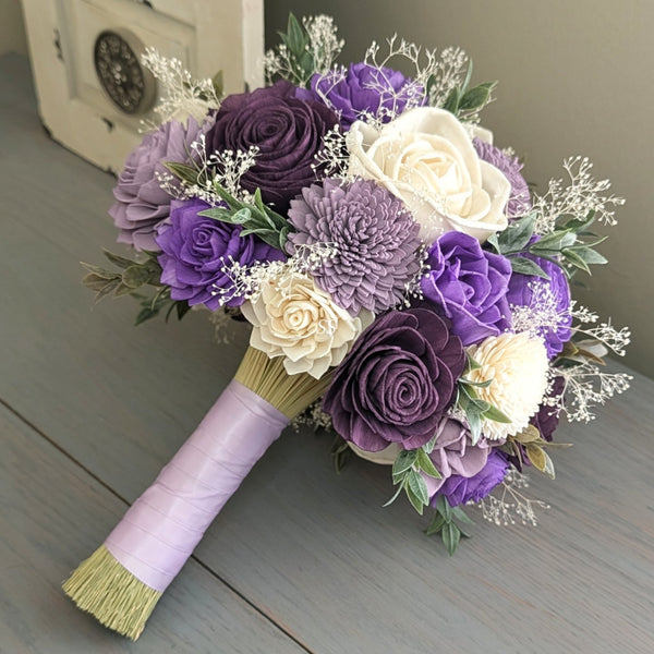 Purple, Lilac, Plum, and Ivory Bouquet with Baby's Breath and Greenery